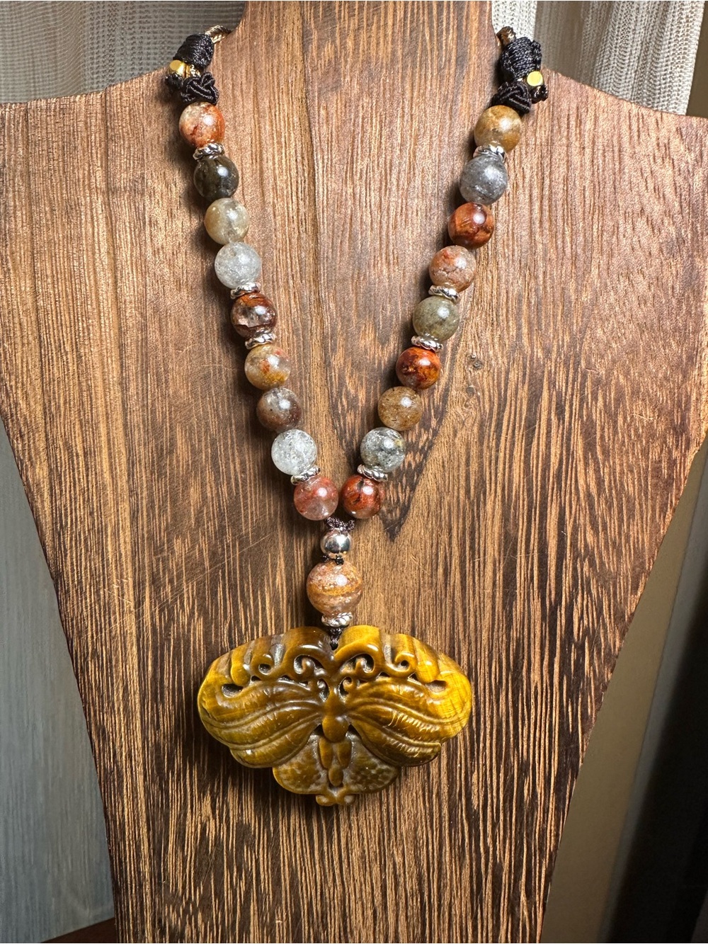 Tiger’s Eye Moth Pendant Necklace on Half Beaded Brown Adjustable Rope - Picture 11 of 15
